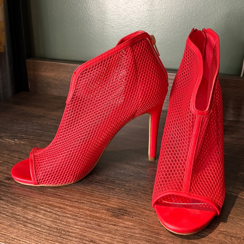 Red Fishnet Peep Toe Ankle Booties size 8